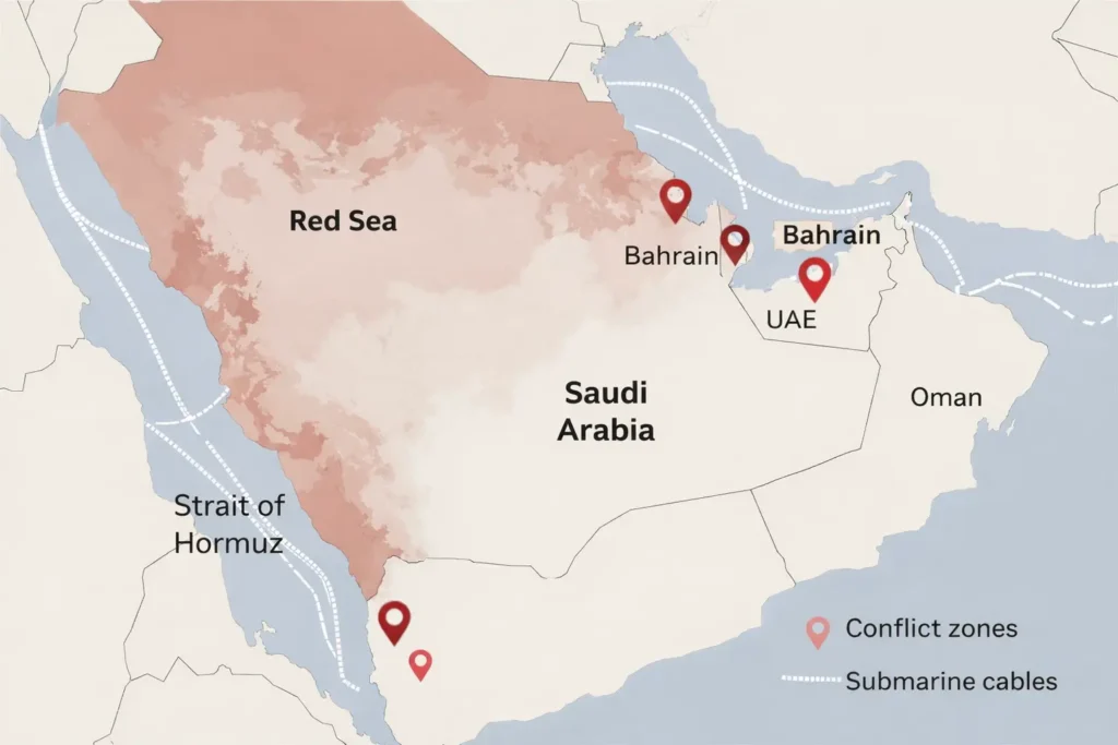 Iran data center strikes reveal AI's new front line in 2026 1 Map showing submarine cable routes through the Red Sea and Strait of Hormuz alongside AWS data center locations in UAE and Bahrain, highlighting dual infrastructure chokepoints now in active conflict zones