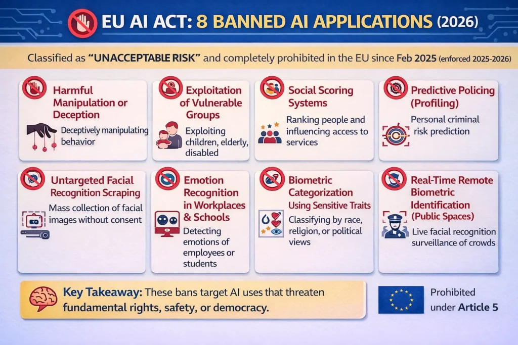 EU AI Act Summary: Key Provisions & 2026 Timeline 3 EU AI Act prohibited practices list of 8 banned AI applications