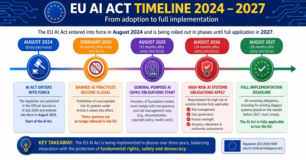 EU AI Act Summary: Key Provisions & 2026 Timeline 4 EU AI Act timeline showing implementation dates from 2024 to 2027